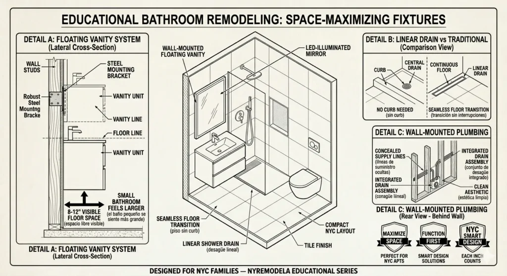 Modern technical drawing illustrating smart bathroom fixtures and precise plumbing layout for NYC home renovation.