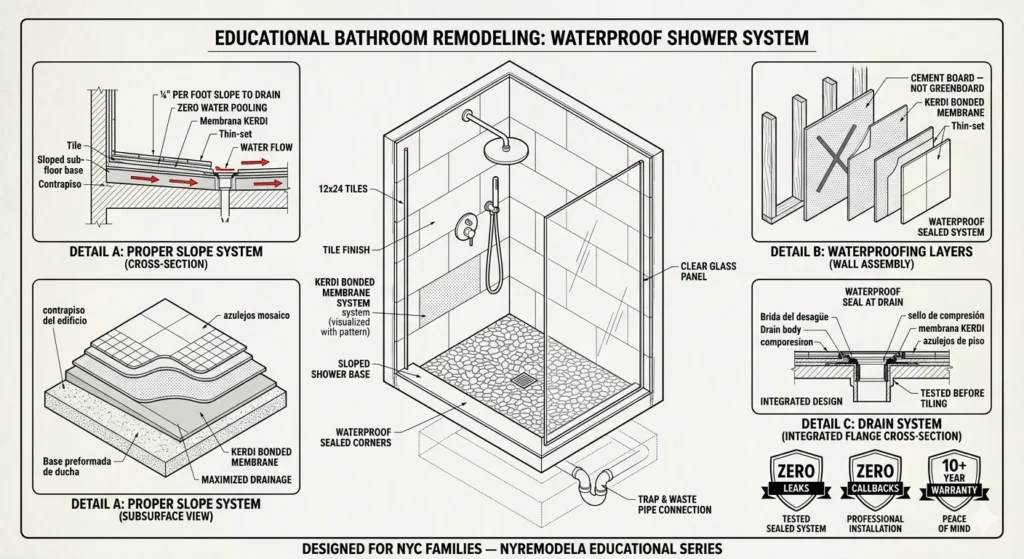 Educational construction schematic of bathroom waterproofing and Schluter Kerdi surface systems compliant with NYC building codes.