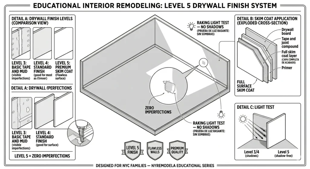 Detailed cross-section schematic explaining Level 5 drywall finish and precision interior millwork by NYREMODELA.