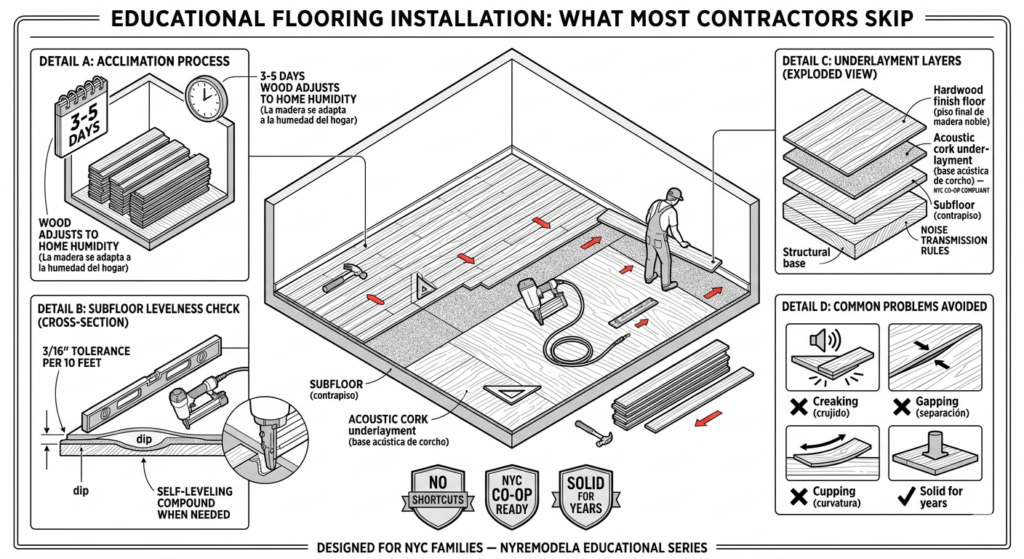 Structural diagram highlighting proper subfloor preparation and high-quality hardwood flooring installation in Queens, NYC.