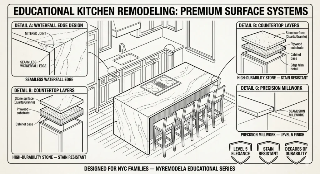 Isometric schematic drawing of premium kitchen waterfall-edge stone countertop and island installation in Queens.