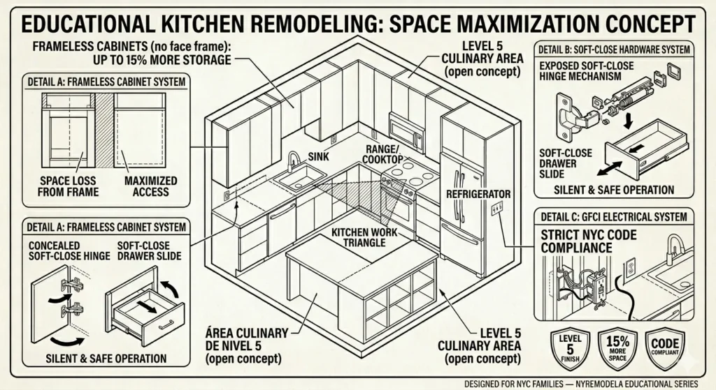 Technical isometric diagram showcasing frameless cabinet systems and space maximization concept for kitchen remodeling in Queens, NYC by NYREMODELA.