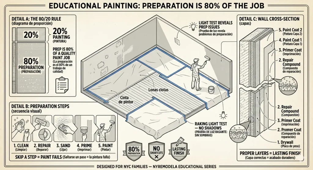 Technical illustration showing step-by-step surface preparation, skimming, and premium interior painting in Queens, New York.