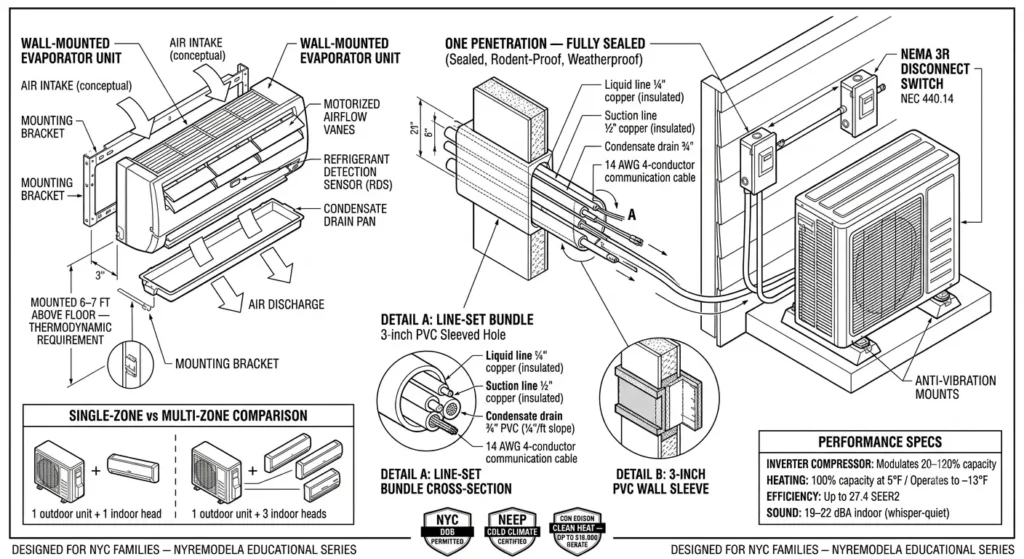 Esquema isométrico de instalación de sistema ductless mini split y HVAC de alta eficiencia en Queens, NYC, cumpliendo código NEC 440.14. Diseñado por NYREMODELA.